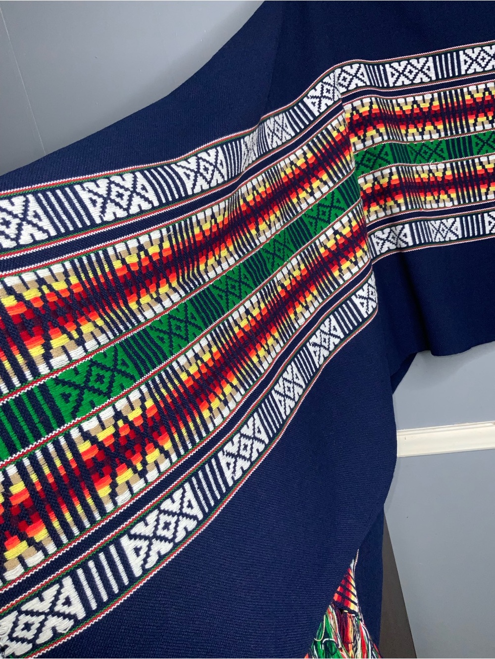 Navy Aztec-Pattern Fringe Poncho - Women's Accessory - Picture 3 of 11